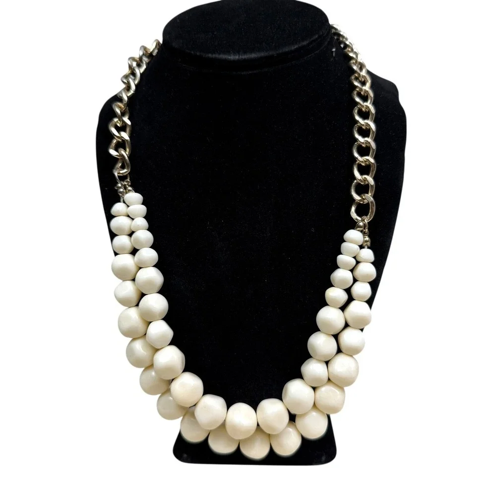 Chunky Bead Chain Gold Tone Statement Necklace Off White Costume Jewelry 21 in